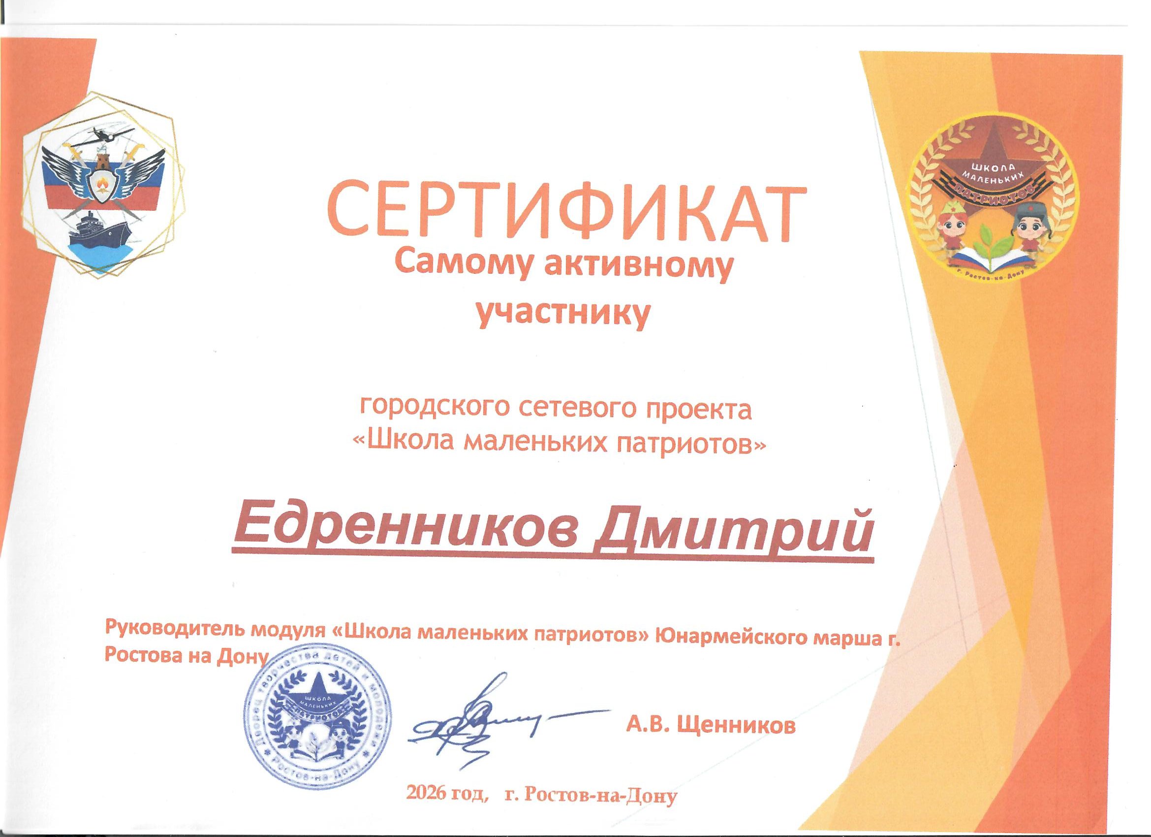 Сертификат: Городской сетевой проект "Школа маленьких патриотов"